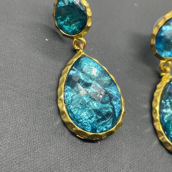 Amrita Singh Blue Glass Look Teardrop Dangle Drop Earrings Gold Tone Evening - Picture 3 of 6